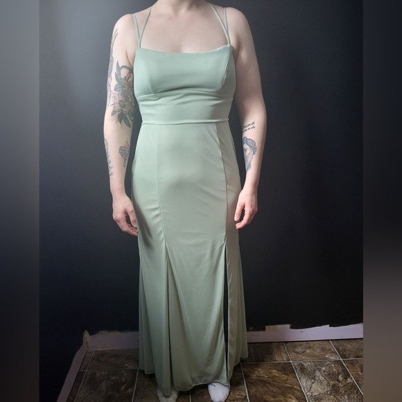 Azazie Dusty sage mesh bridesmaid dress. Style “Krista” - Picture 4 of 6